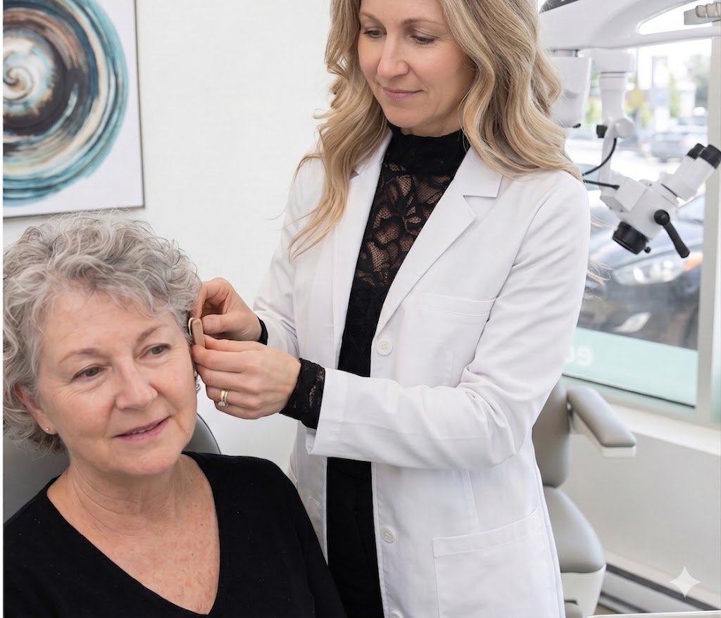 Une médecin examine l'oreille d'une femme âgée dans une clinique d'adioprothésiste de pointes aux trembles.