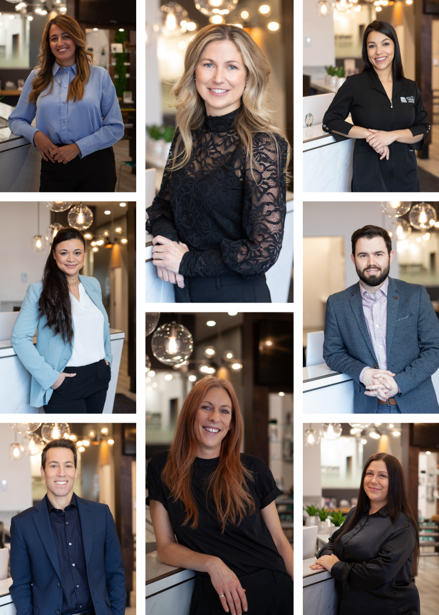 Collage de huit portraits de professionnels dans un environnement moderne avec éclairage chaleureux.