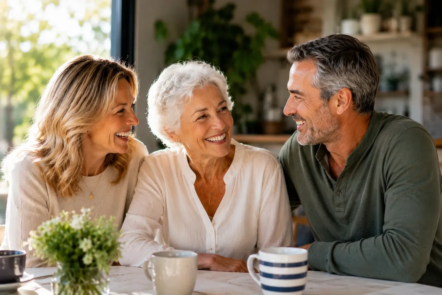 Une famille souriante composée d'une femme plus âgée, d'une femme d'âge moyen et d'un homme d'âge moyen, assis autour d'une table avec des tasses à café, dans une cuisine lumineuse avec une fenêtre ouverte. Elle est heureuse car à des appareils audit