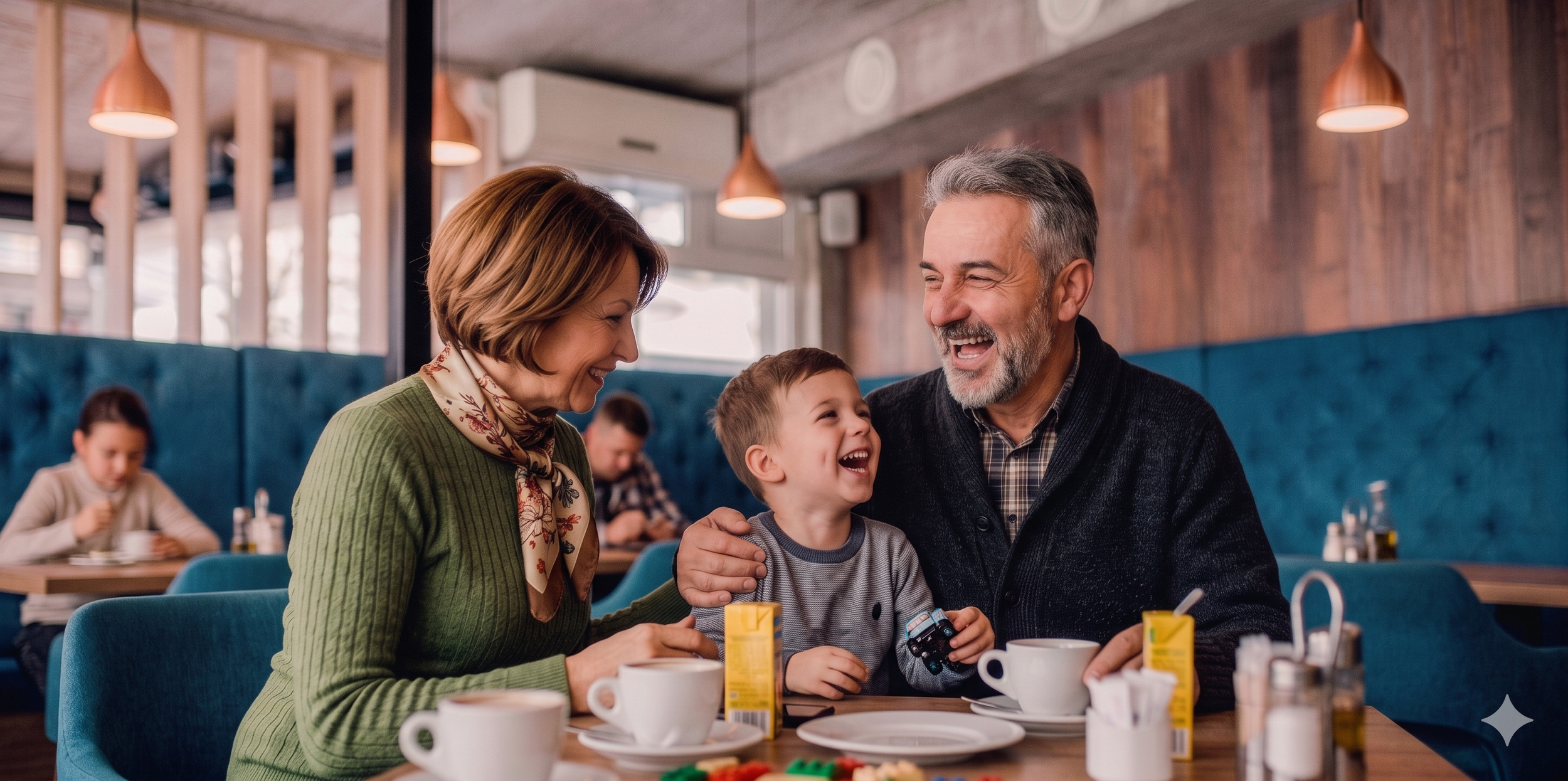Une famille souriante composée de deux adultes et d'un enfant, assise à une table de restaurant, partageant un moment de joie.
