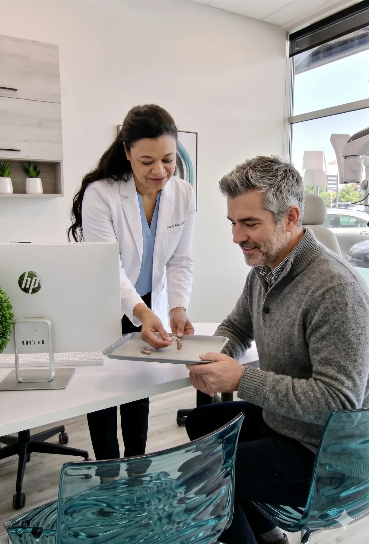 Un professionnel de la santé, une femme en blouse blanche, montre un d'appareil auditif à un patient, un homme avec des cheveux gris, dans un cabinet médical lumineux avec une grande fenêtre.