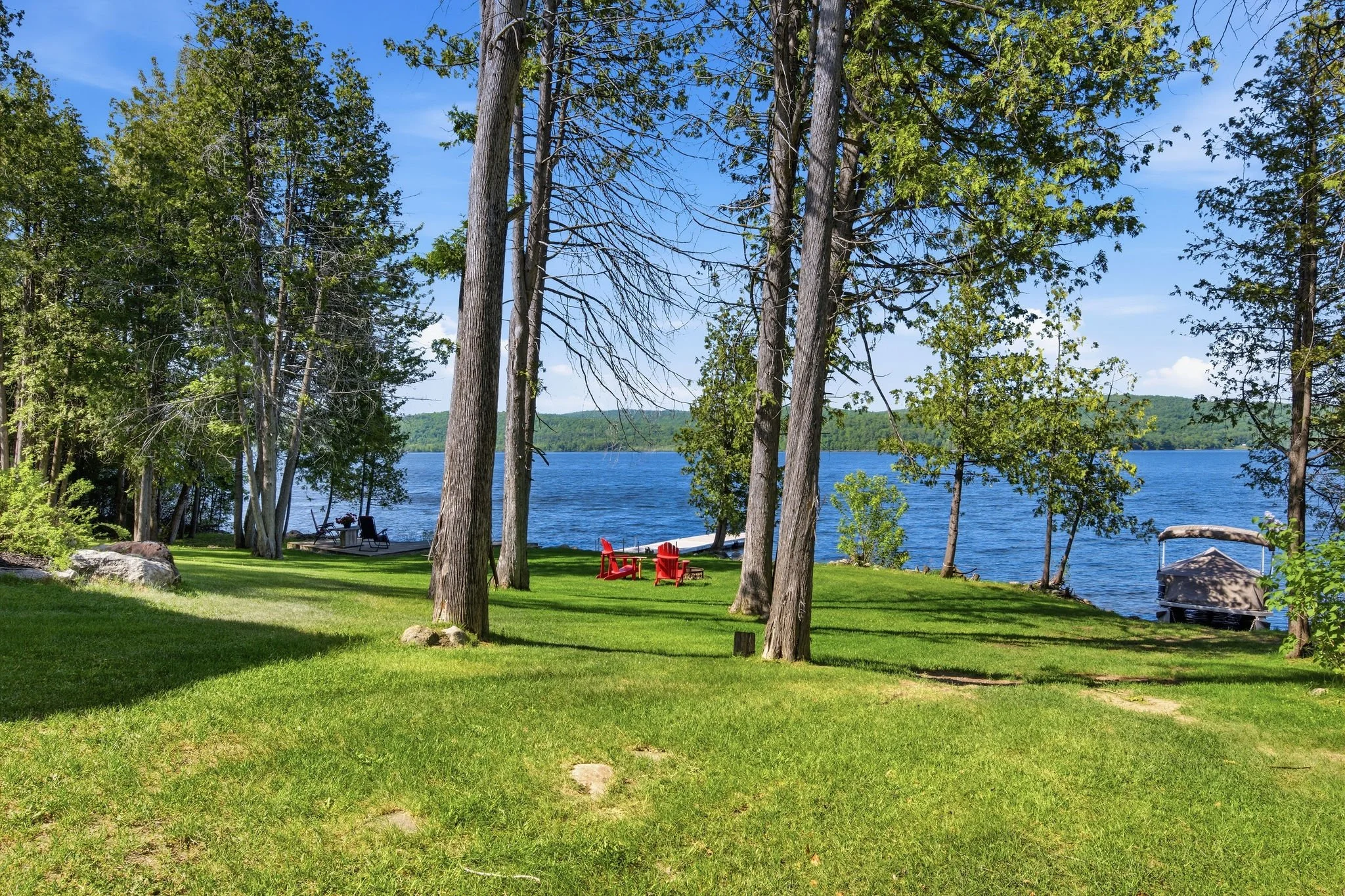Lakeside scene with green grass, tall trees, and Adirondack chairs near the water, under a clear blue sky.