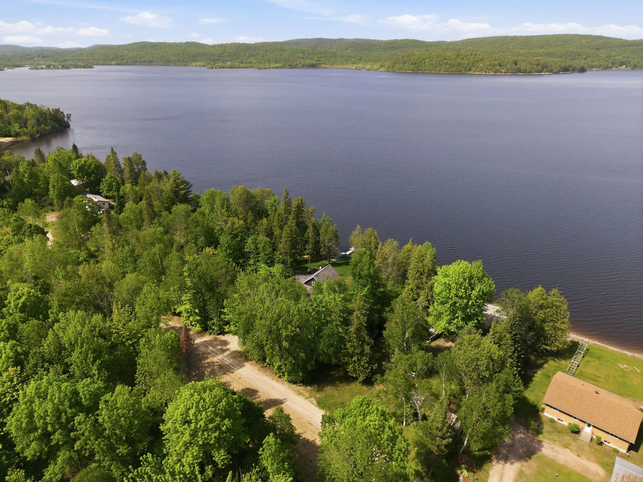 Aerial view of a large body of water surrounded by green trees and some houses, mountains in the distance under a partly cloudy sky.