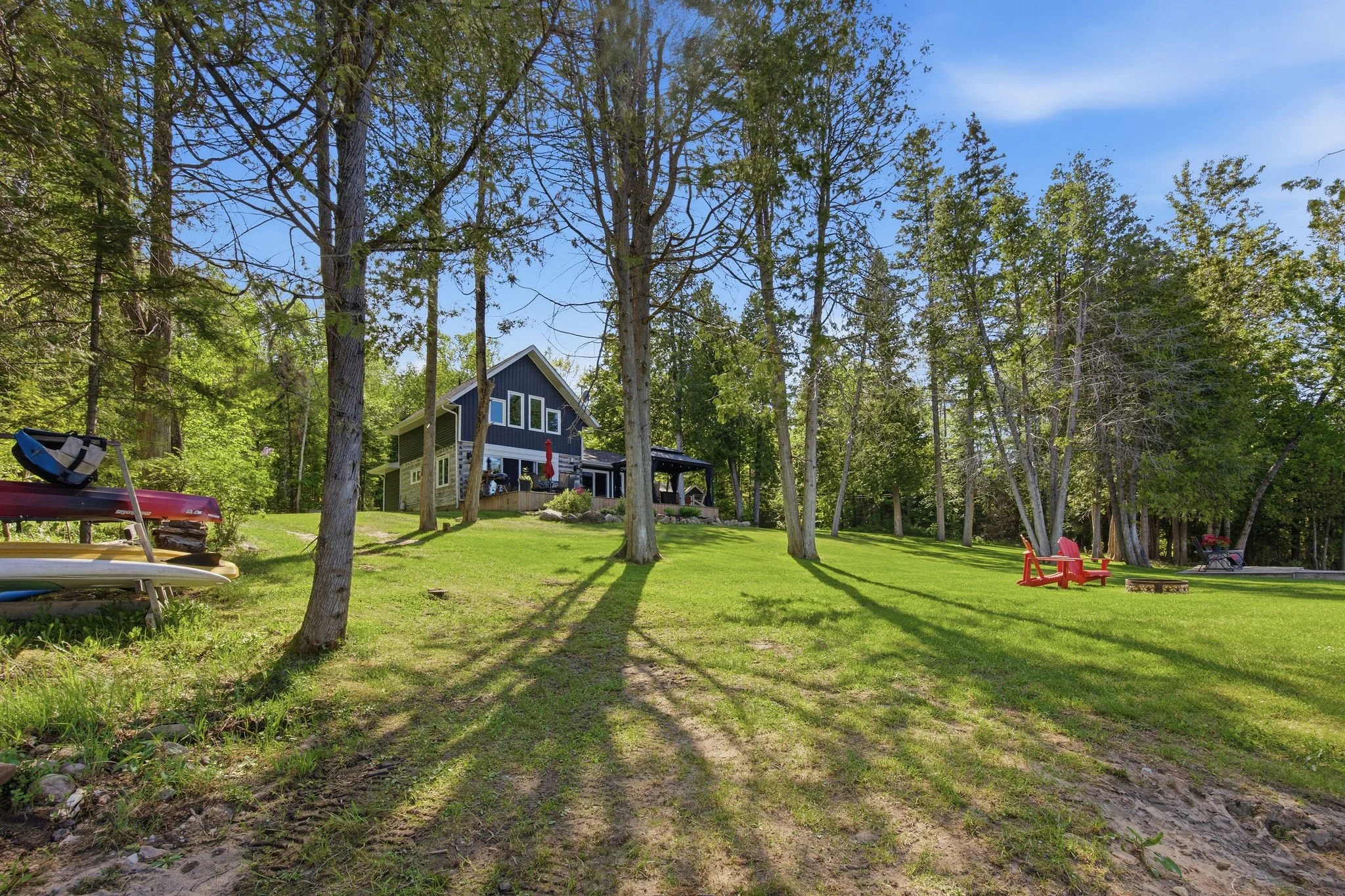 A backyard with green grass, tall trees, a house in the background, and red Adirondack chairs on the right side.