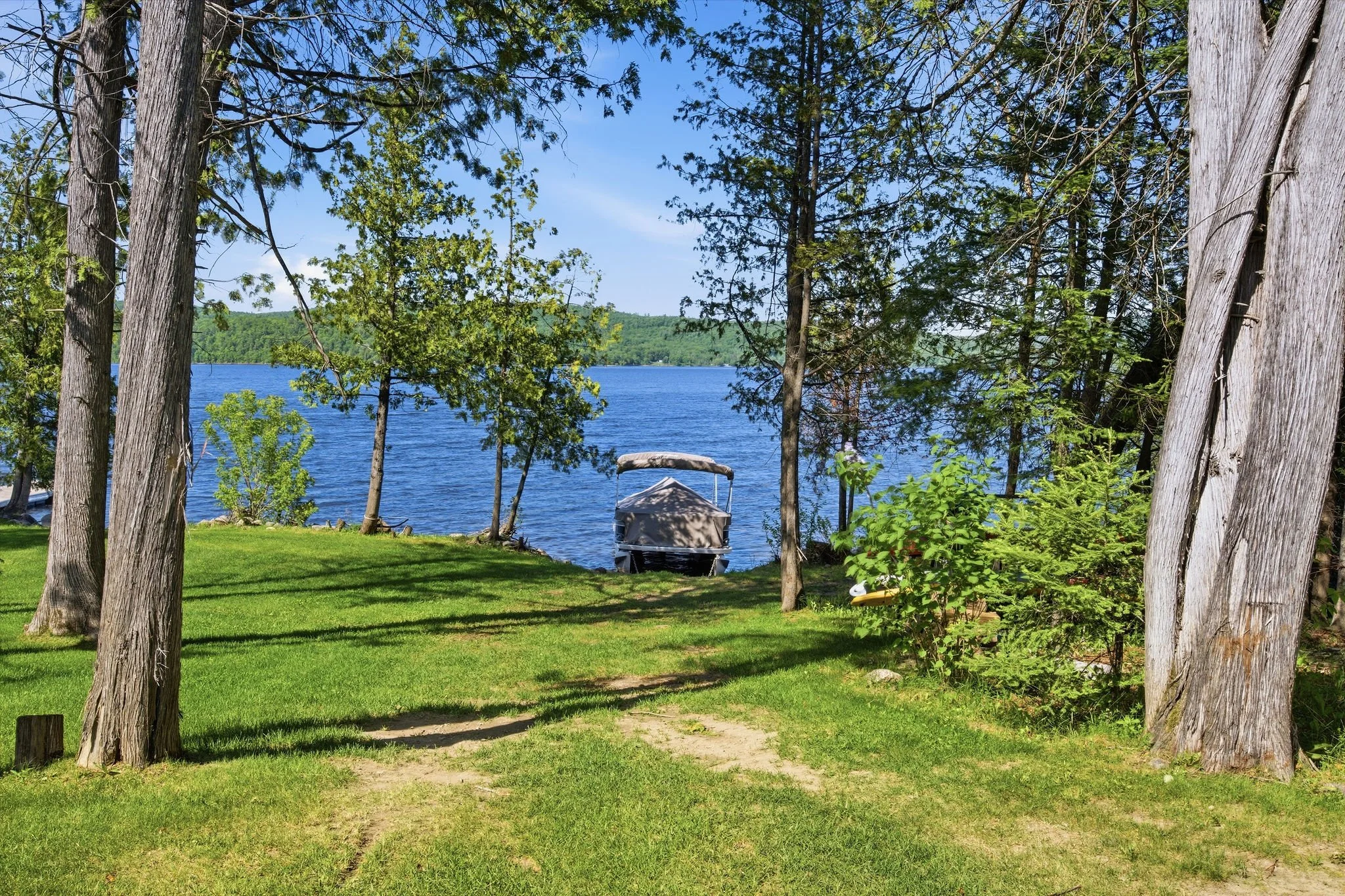 A lakeside scene viewed through tall trees with green leaves. There is a boat docked by the shore, and hills covered with green trees across the water. The sky is clear and blue, suggesting a sunny day.