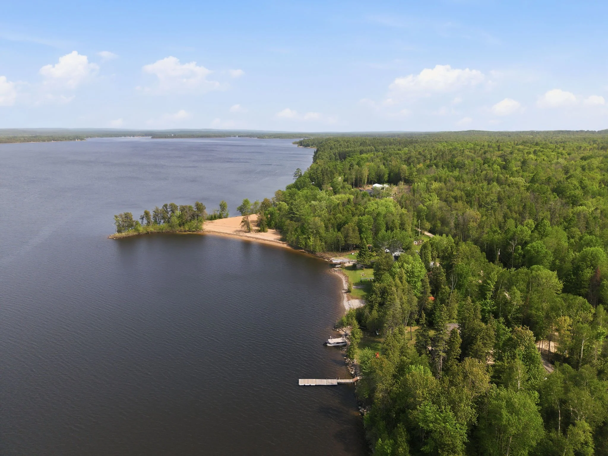 Aerial view of a large river with a sandy shoreline and dense green forest on both sides, under a blue sky with a few scattered clouds.