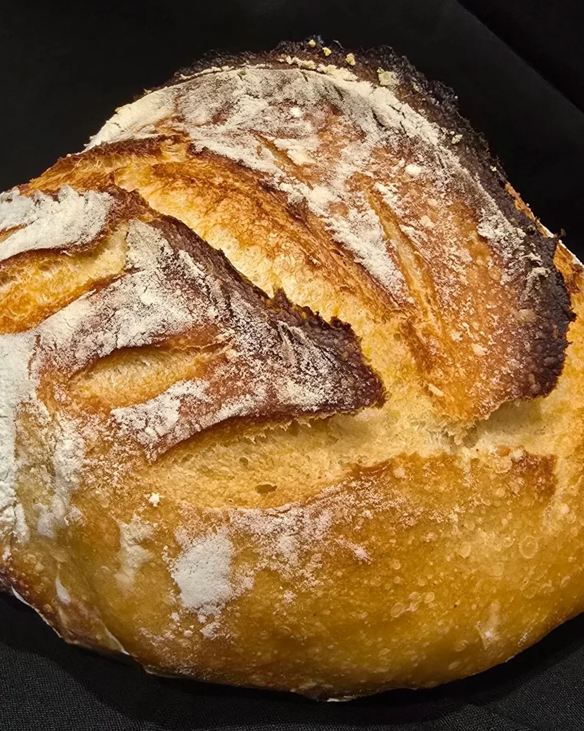 Close-up of a rustic loaf of bread with a crusty, flour-dusted exterior and a golden, airy interior.