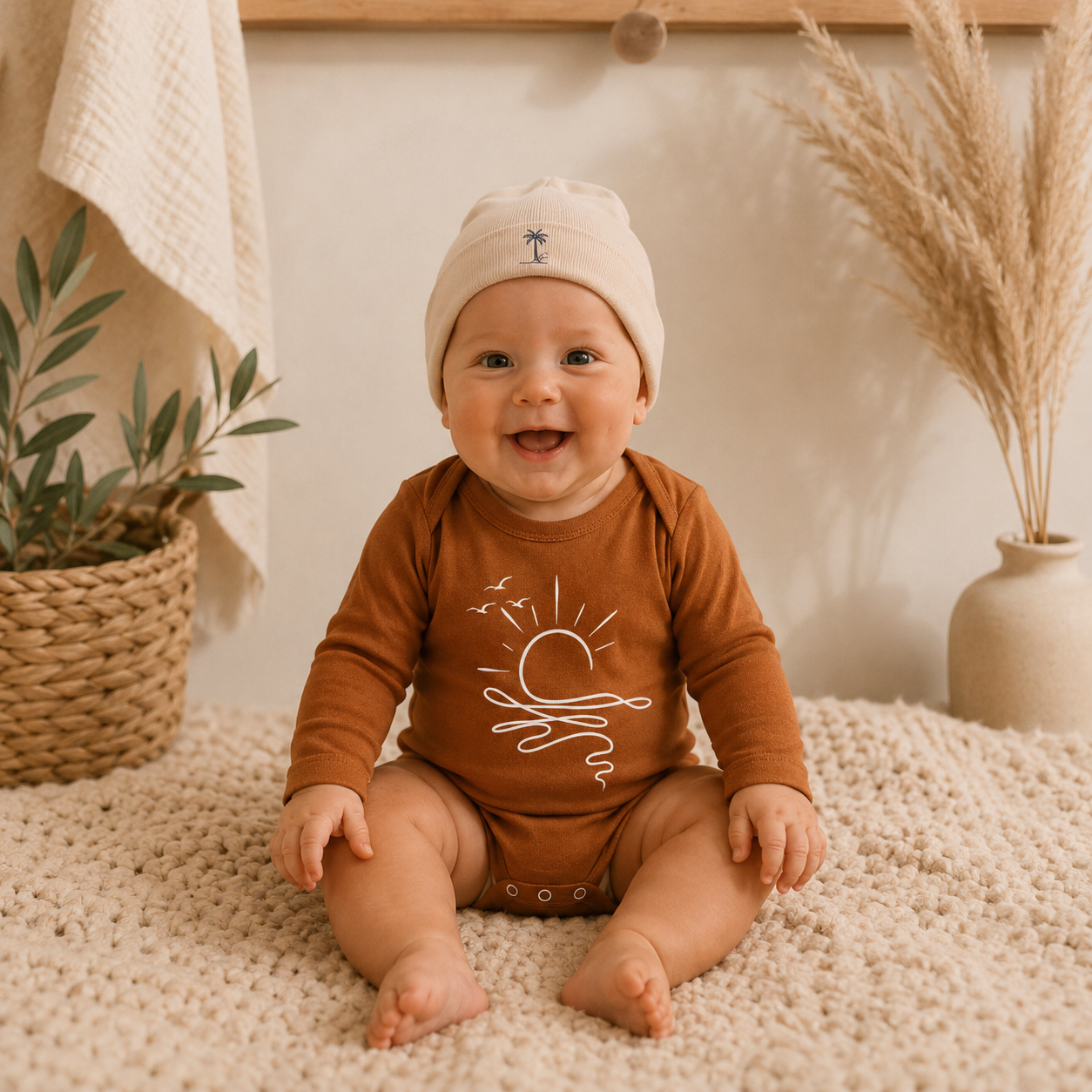 A smiling baby sitting on a textured cream-colored rug surrounded by neutral decor, including a woven basket with a plant on the left and a tall vase with pampas grass on the right, in a cozy indoor setting.