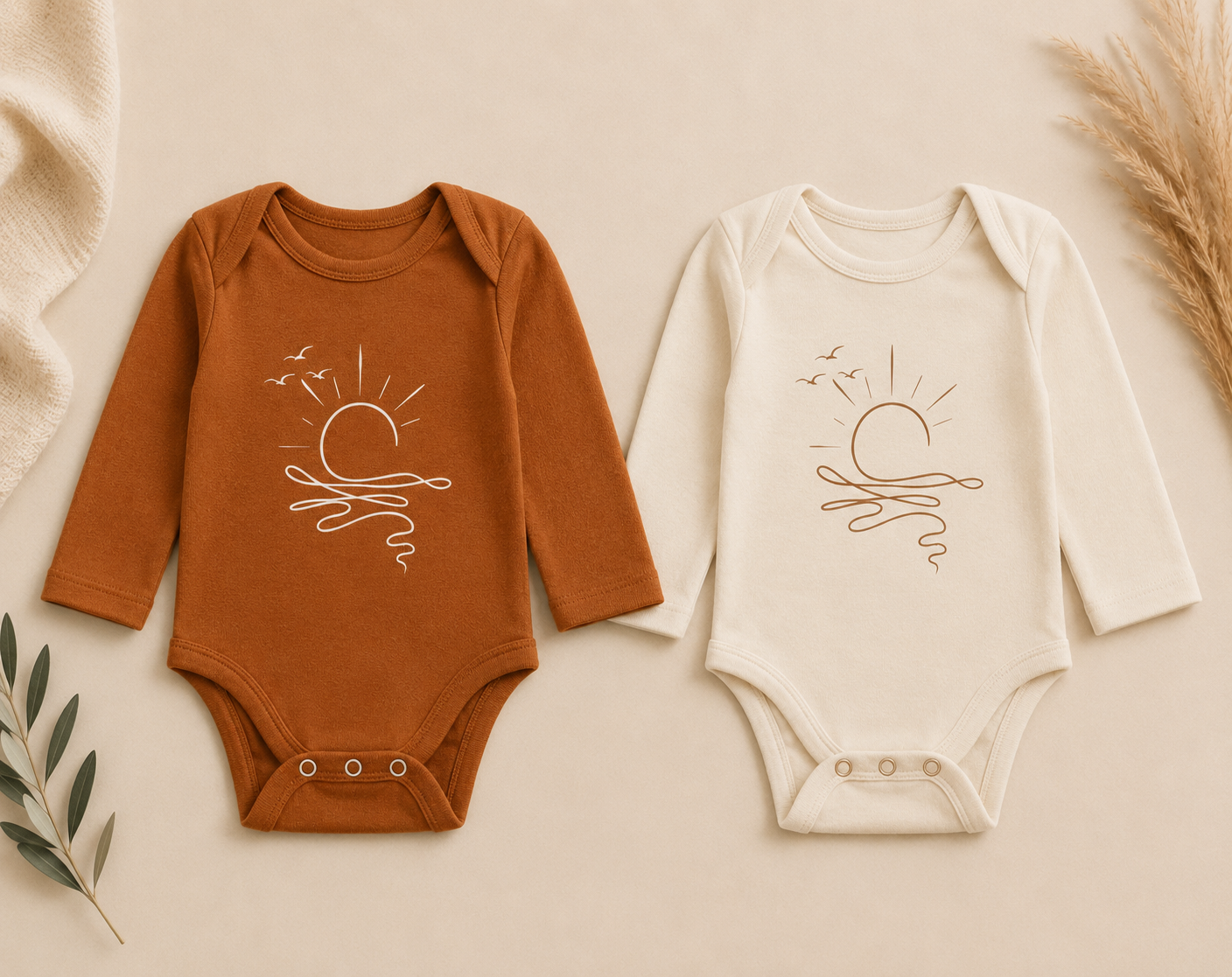 Coastal Sunrise Baby Onesie | Minimal Coastal Baby Outfit | Neutral Long Sleeve Baby Bodysuit
