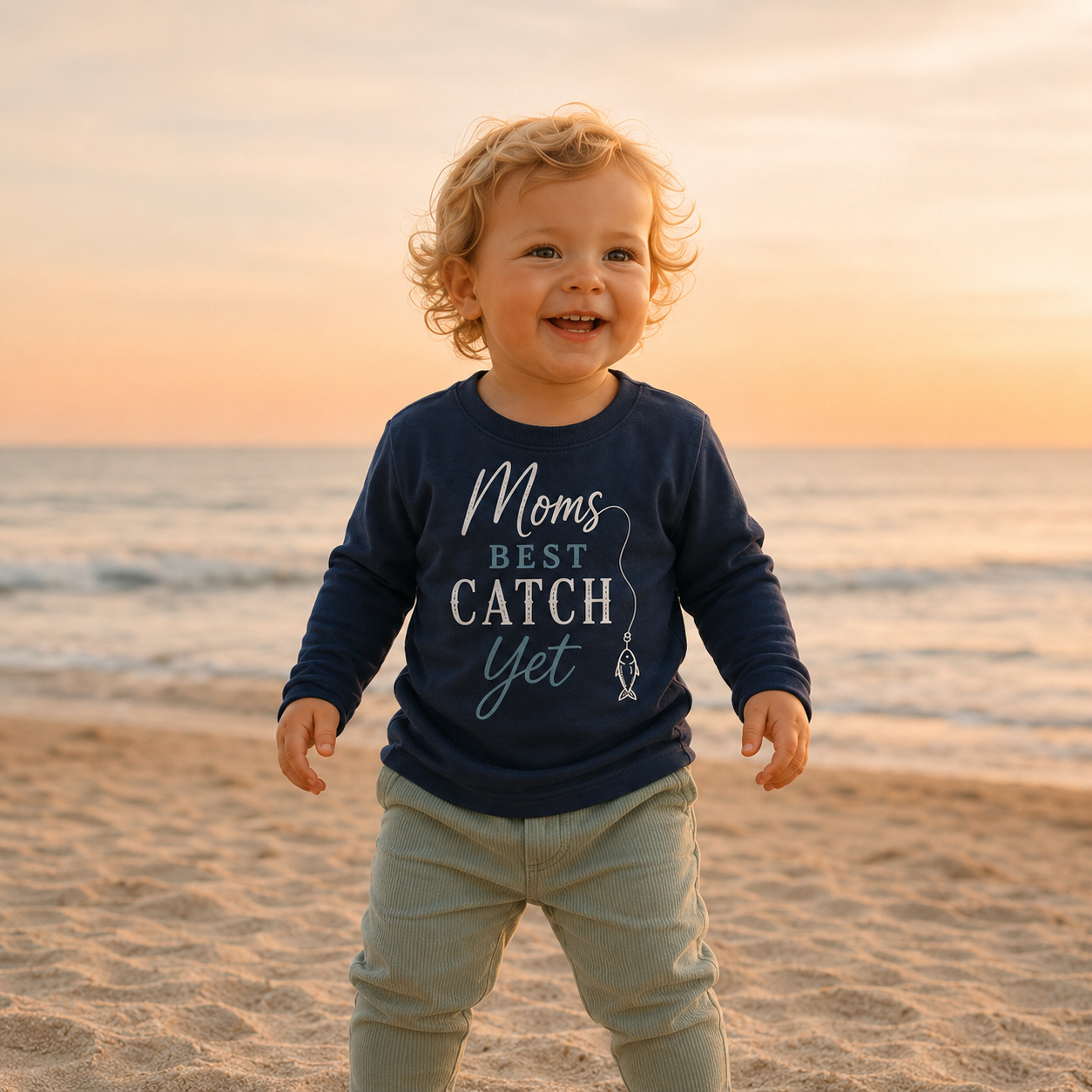 A young boy with curly blonde hair standing on the beach at sunset, smiling and wearing a navy blue shirt that says 'Moms Best Catch Yet' with a fish hook illustration.