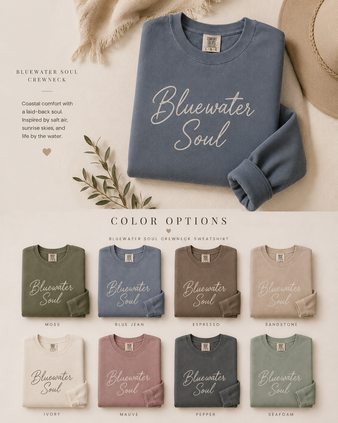 Bluewater Soul Crewneck Sweatshirt | Coastal Aesthetic Pullover | Vintage Comfort Colors Sweatshirt