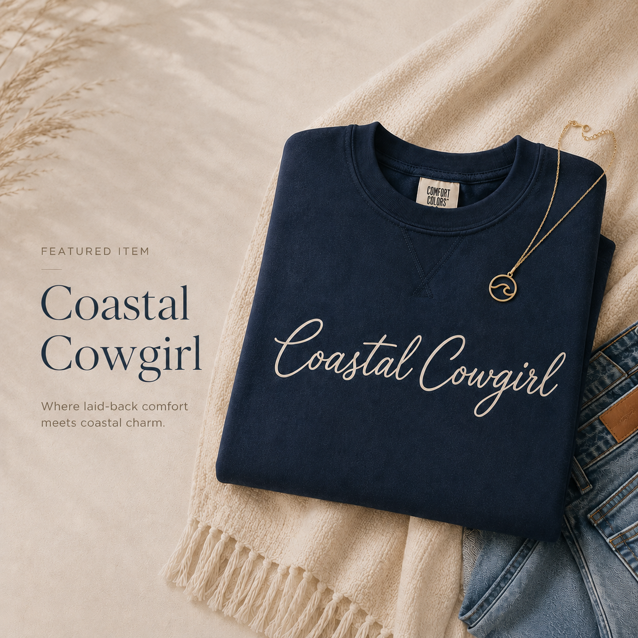 A navy blue sweatshirt with 'Coastal Cowgirl' written in script, a gold necklace with a wave pendant, beige fringed blanket, and denim shorts, styled on a beige surface with sand and beach grass in the background.