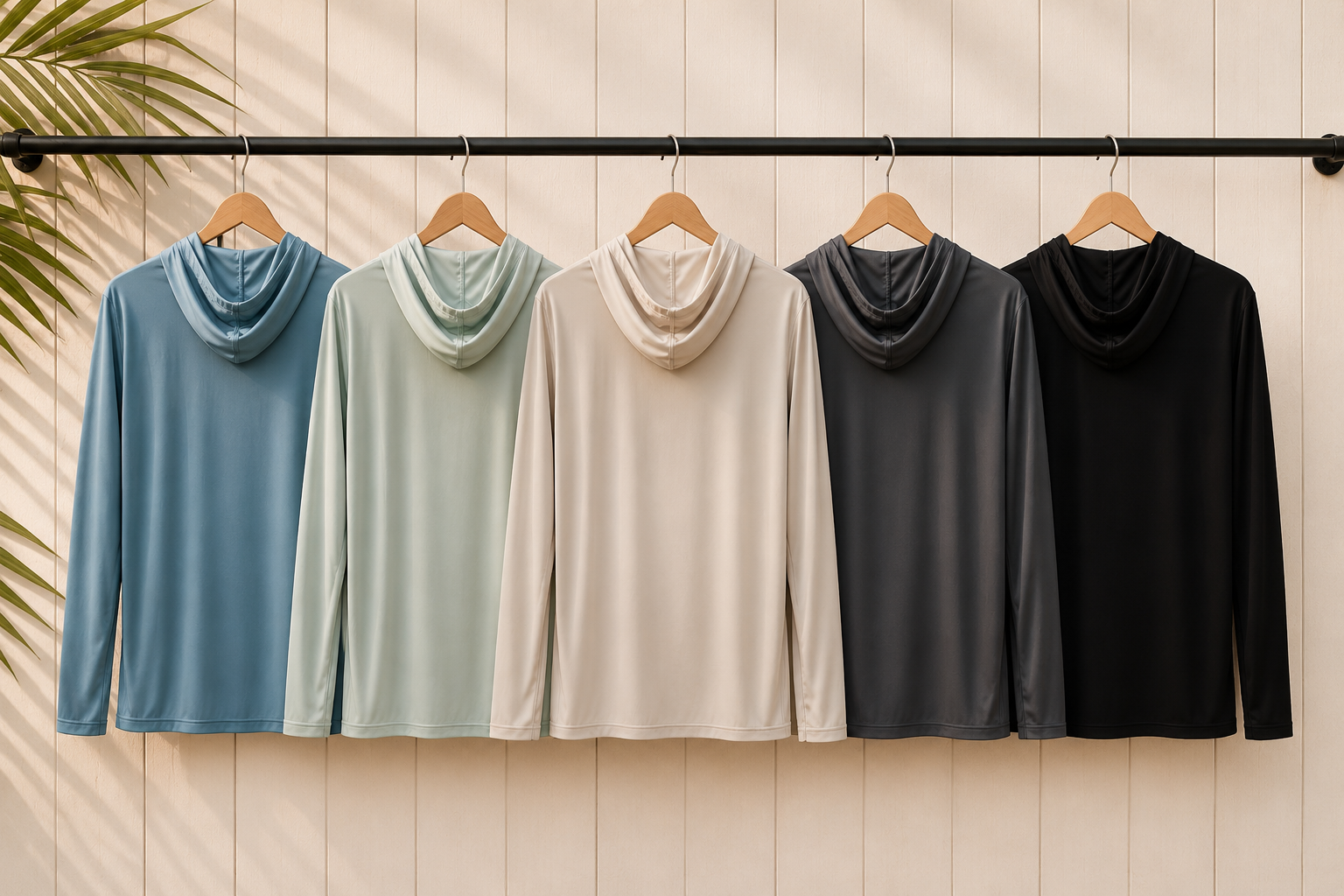 Five hooded long-sleeve shirts hanging on a black clothing rod against a light-colored wall with a leaf in the corner.
