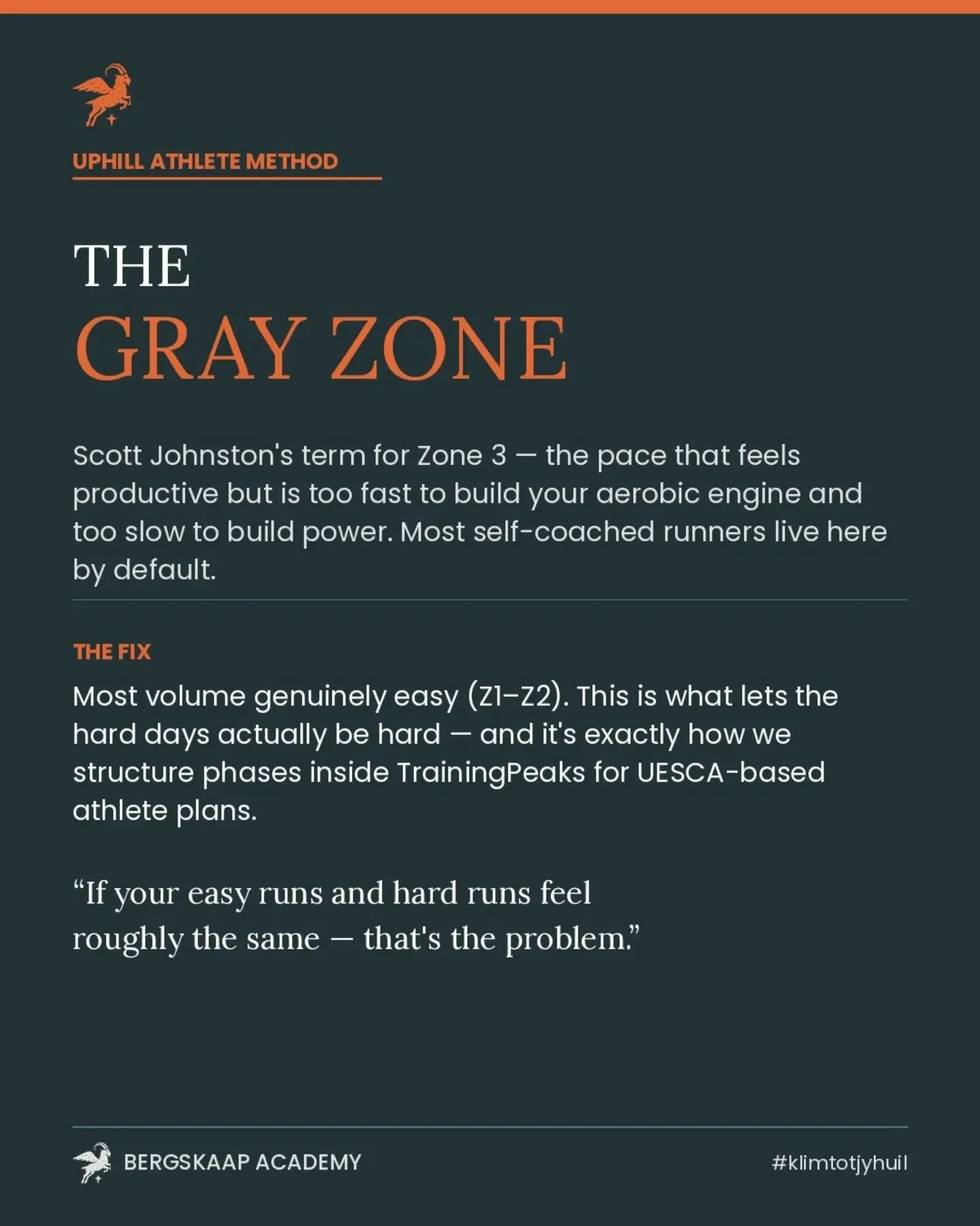 Scott Johnston (Uphill Athlete) calls Zone 3 the "Gray Zone" for a reason, it's the pace that feels like real training but delivers the worst of both worlds. Too fast to meaningfully build your aerobic engine, too slow to build the anaerobi