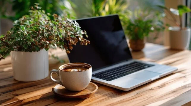 Laptop, coffee cup, and potted plants on a wooden desk.