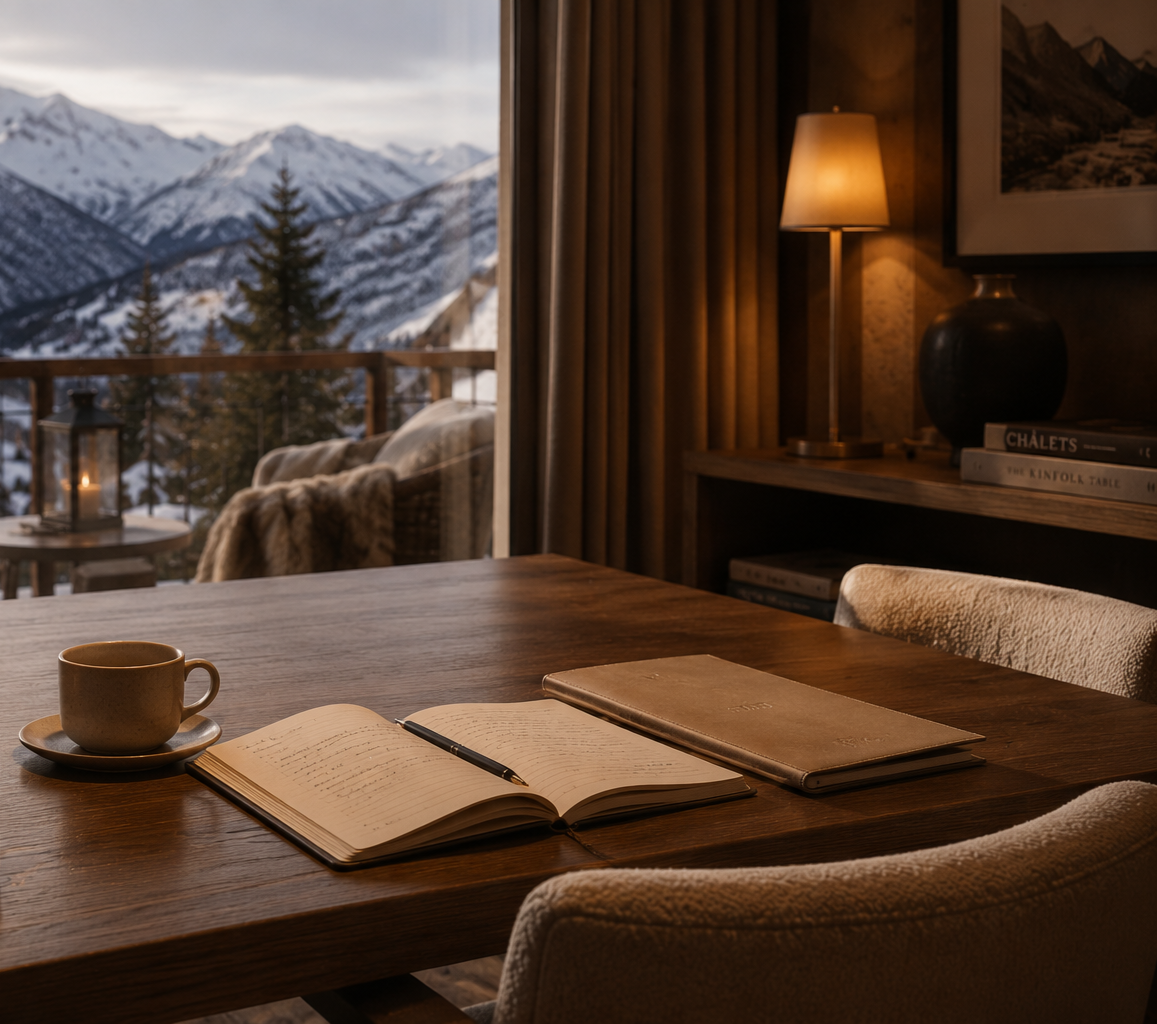 A cozy indoor workspace with a wooden desk, open notebook with writing, a pen, and a coffee cup, overlooking a snowy mountain landscape outside through a glass window.