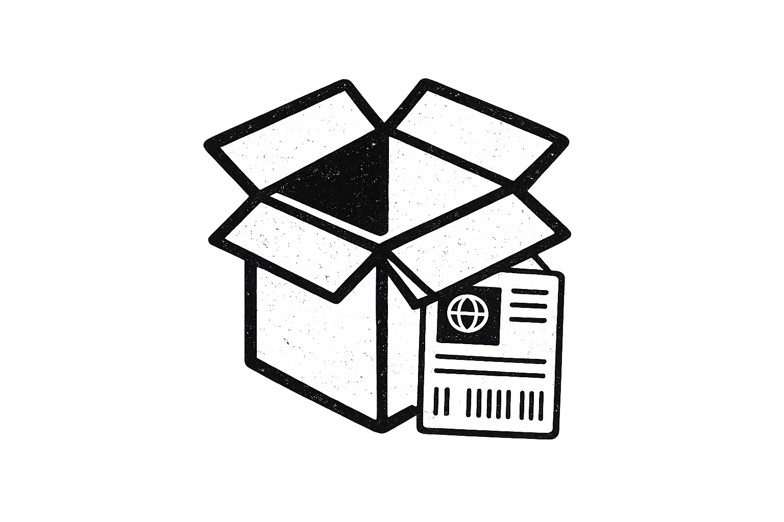 A black and white illustration of an open cardboard box with a shipping label on the front, showing the box's flaps open at the top.