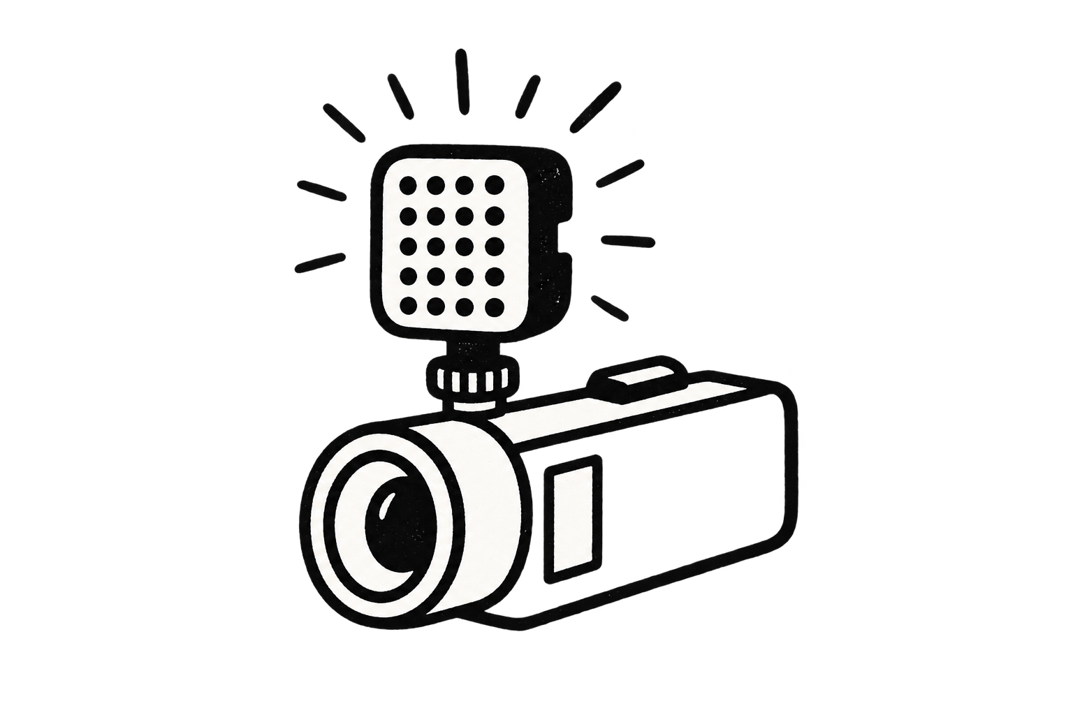 Stylized illustration of a video camera with a mounted light on a black background.