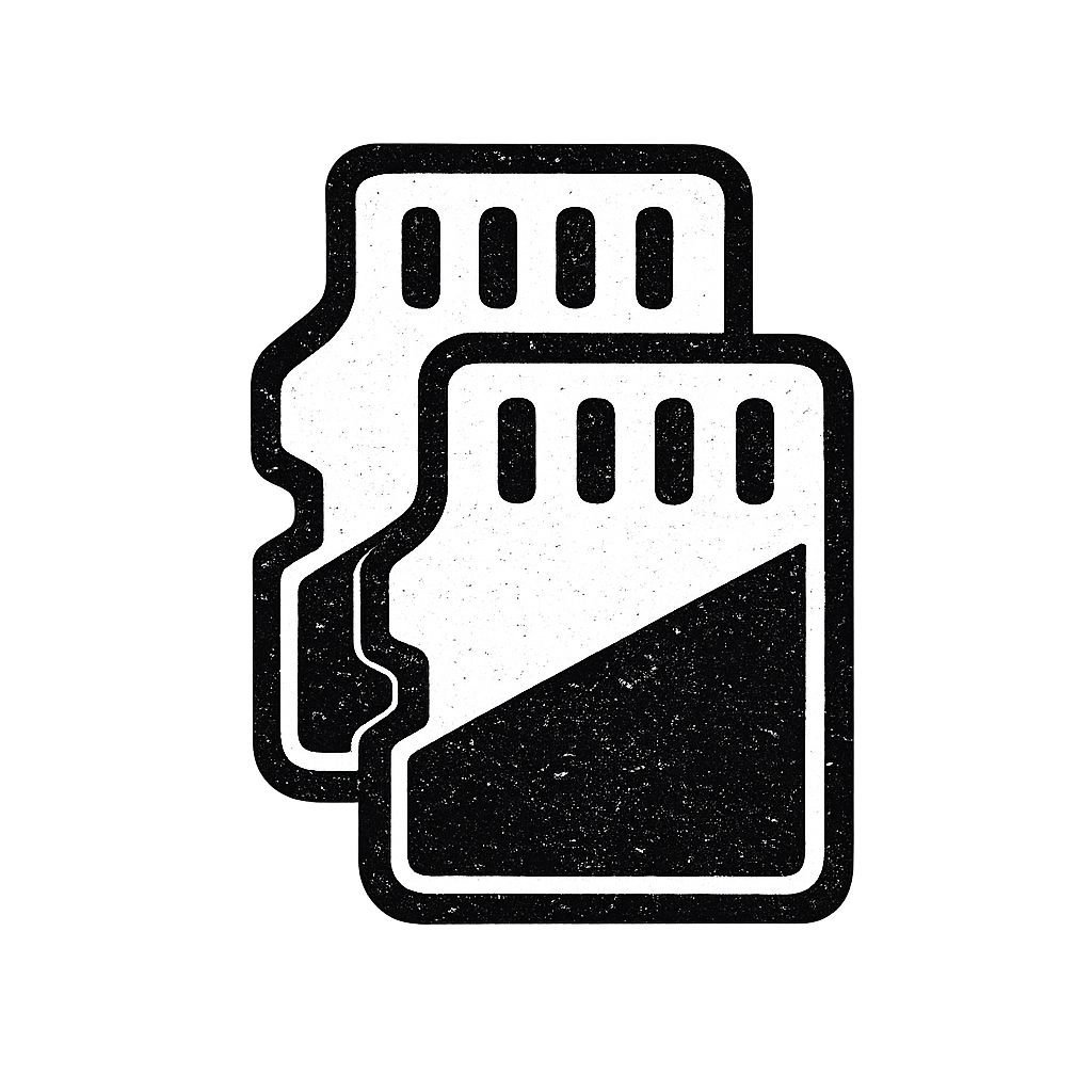 Black and white graphic of two memory cards with a distressed texture.