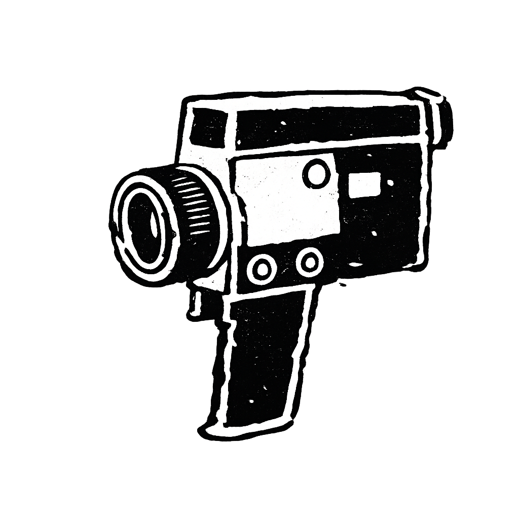 Black and white illustration of a super 8 style camera with a textured grip and a rectangular body, depicted in a sketch style.