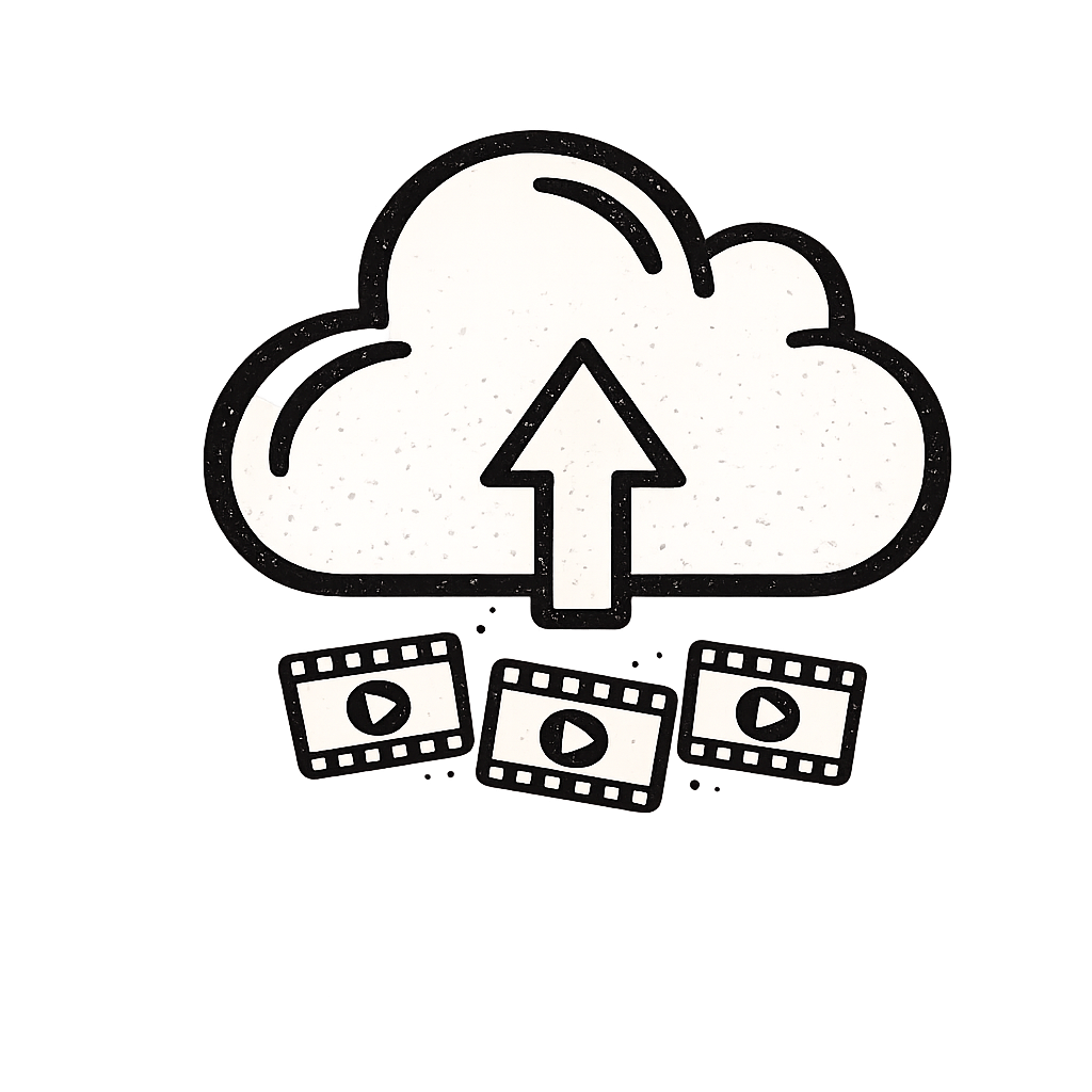 Cloud icon with an upward arrow and three filmstrip icons with play buttons underneath, representing video uploading to cloud storage.