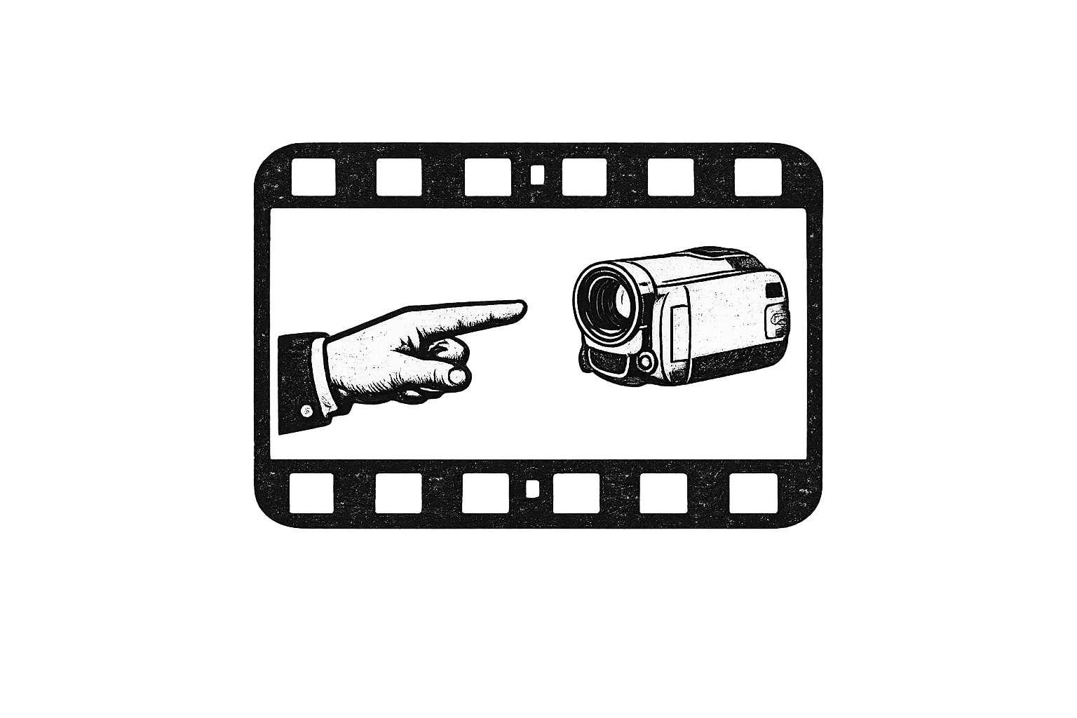 A black and white illustration showing a hand pointing at a camera, with the entire scene framed as if within a filmstrip.
