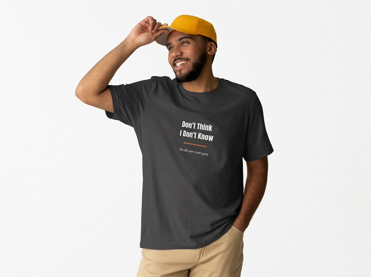 Model wearing a black Don't Think I Don't Know T-shirt with the tagline “We all saw your post.”
