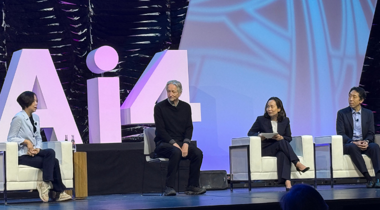 Geoffrey Hinton, Fei-Fei Li and Andrew Ng on stage at Ai4