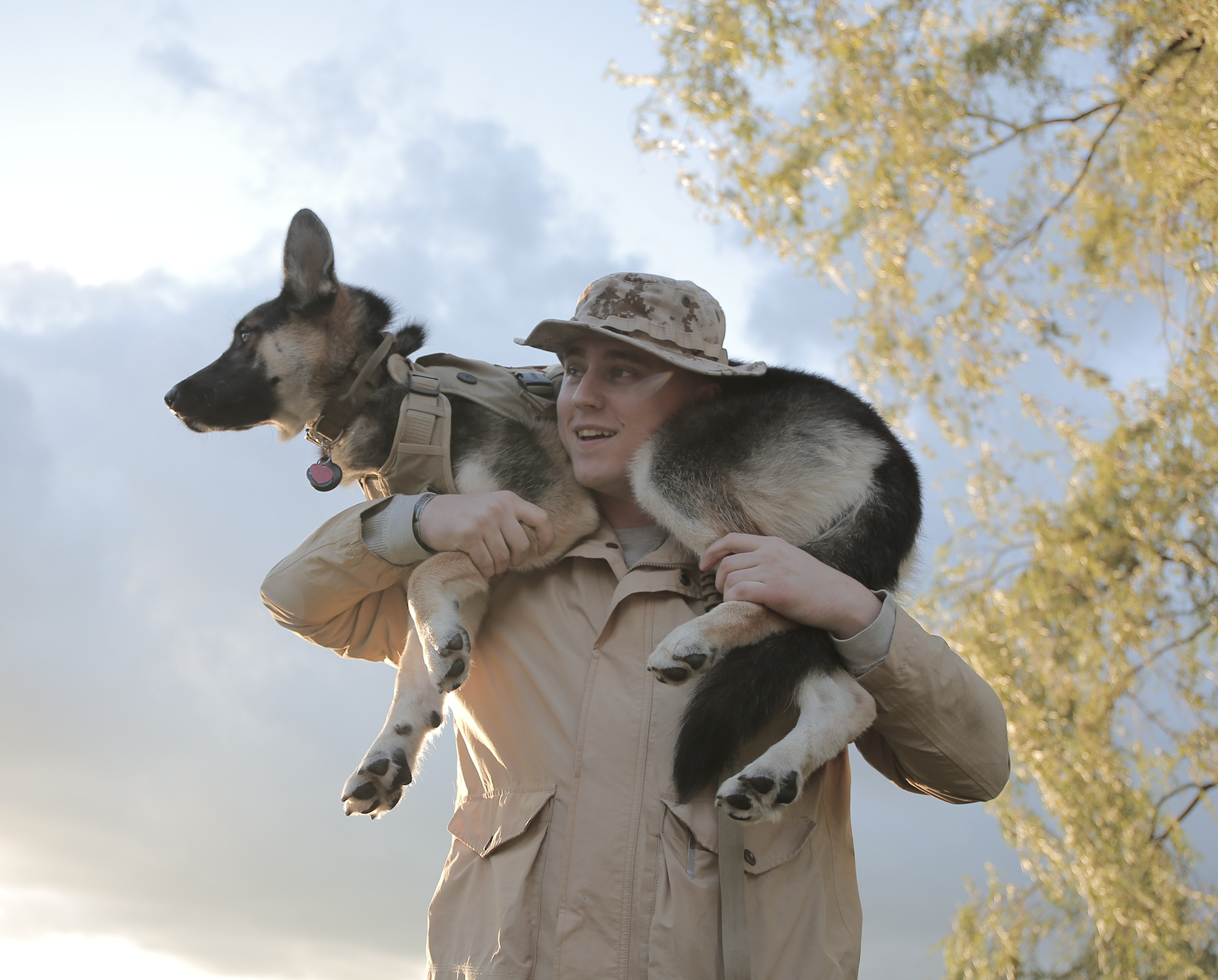 Cinematic lifestyle portrait of a man carrying a German Shepherd dog on his shoulders outdoors, surrounded by trees and open sky, warm natural light and a playful human-animal moment, photography by Jing Xiao
