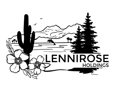 Logo for LENNROSE HOLDINGS featuring desert landscape with cactus, mountains, trees, and flowers.