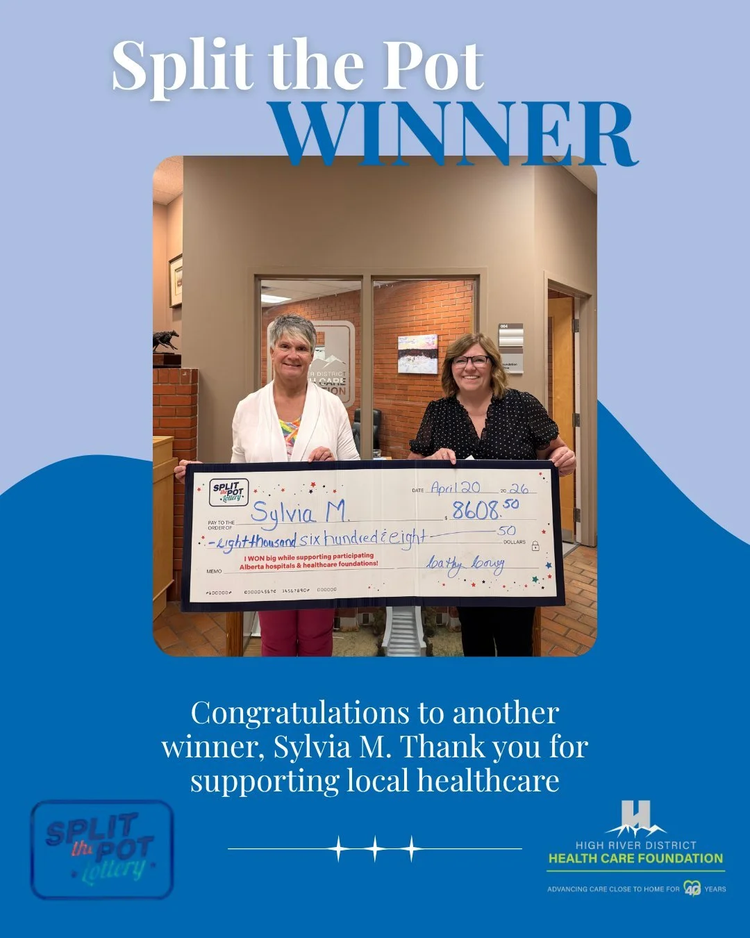 🎉 BIG WINNER ALERT! 🎉

Congratulations to Sylvia, our recent Split the Pot winner, who took home an incredible $8,608.50! 💰✨

Not only did she win big, but she also helped support the Foundation and our mission of keeping health care close to home