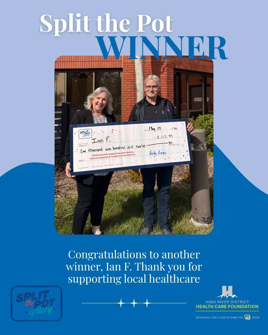 🎉 Congratulations to Ian, our recent Split the Pot winner! 🎉

Ian took home an awesome prize of $2,112.85 💰👏

Every ticket purchased helps support the Foundation and keeps health care close to home in our community 💙

Think you could be our next
