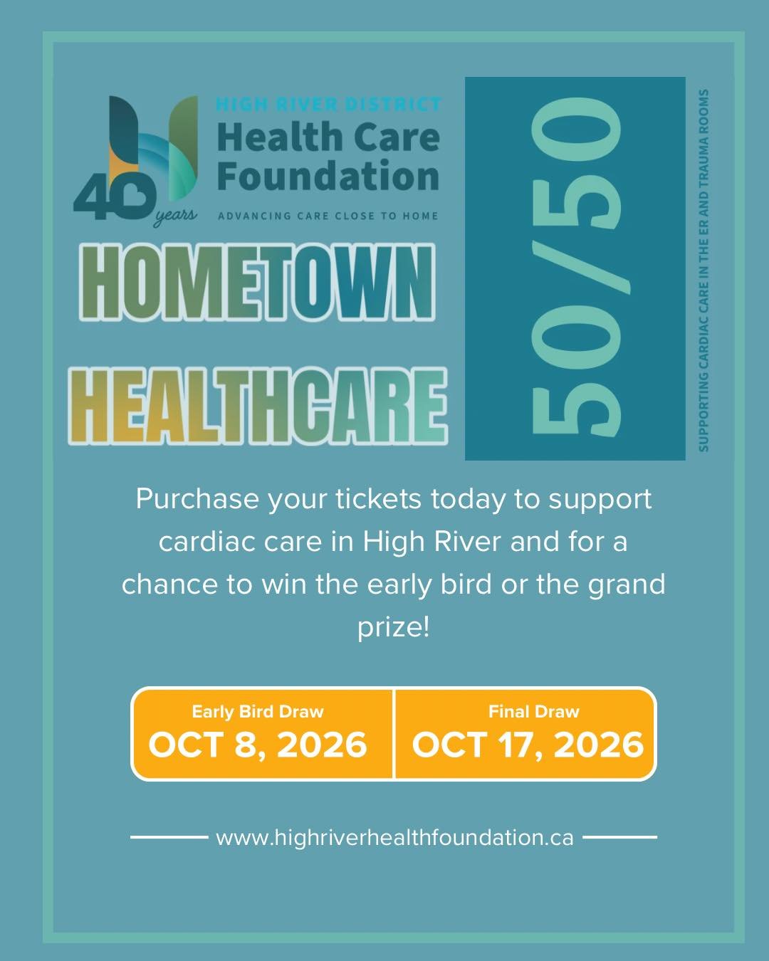 🎟️ Get your 50/50 tickets NOW for a chance to win while supporting an incredible cause! Every ticket purchased helps enhance cardiac care in the ER and trauma rooms at High River Hospital. 🫀🏥

EARLY BIRD PRIZE: $1,000
The early bird draw is happen