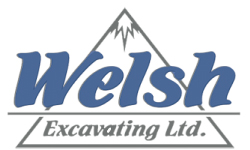 A logo for Welsh excavating Ltd. Blue wording with black mountain graphic