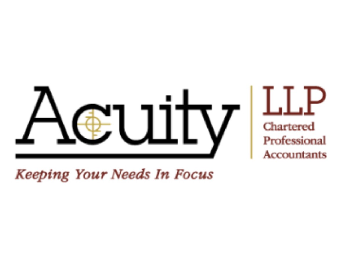 A logo for Acuity LLP Chartered Professional Accountants with the tagline 'Keeping Your Needs In Focus'.