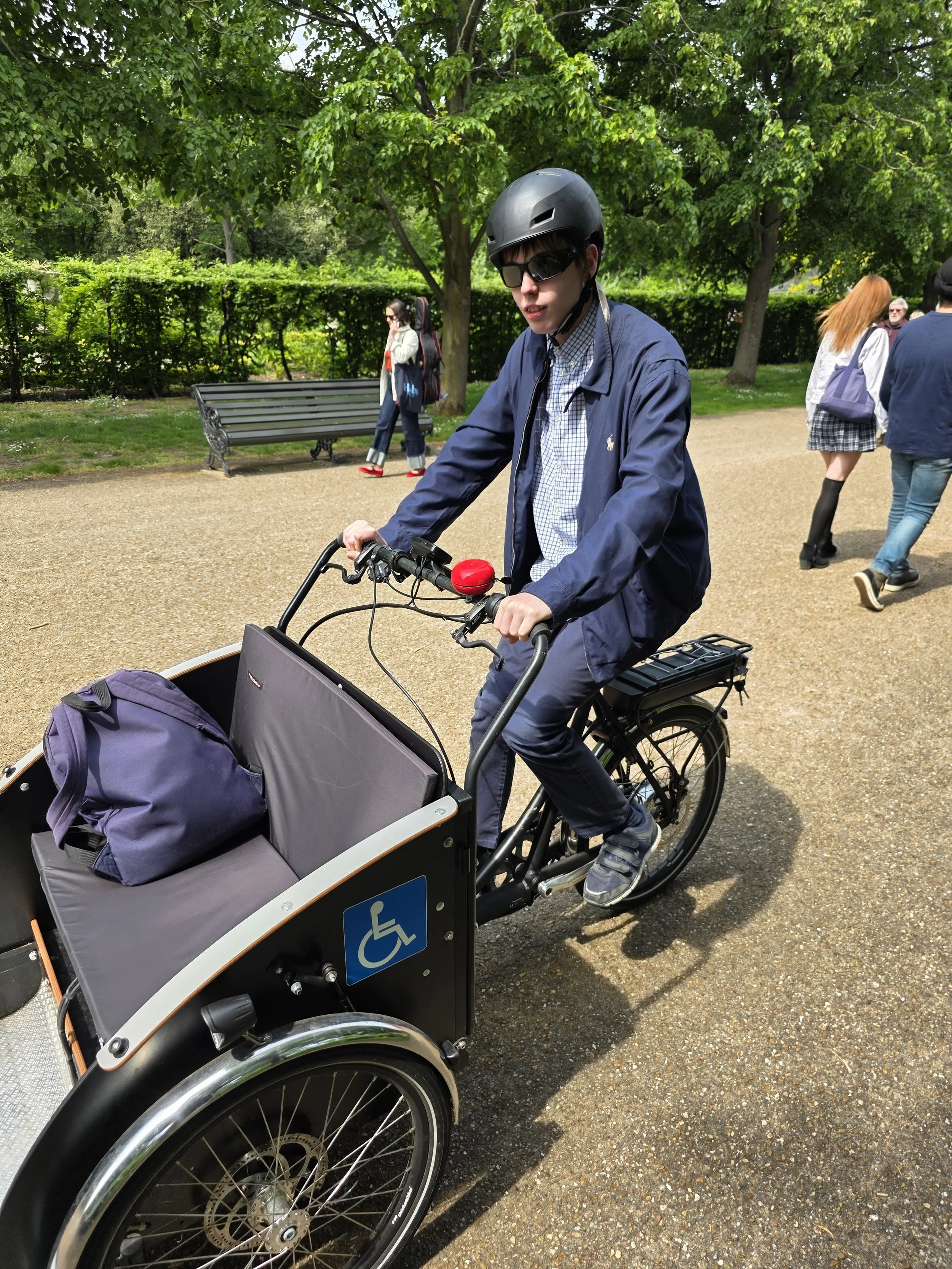 Person riding a bicycle with a cargo trailer attached, displaying a blue accessibility symbol, in a park with trees and people walking in the background.