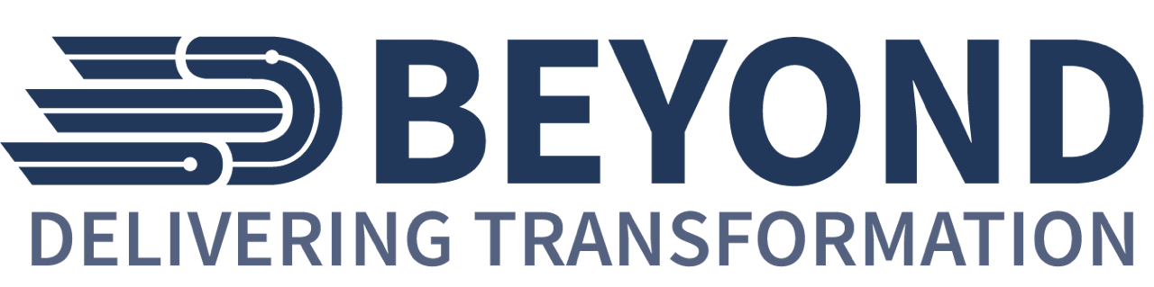 Logo with stylized wings and the words 'BEYOND DELIVERING TRANSFORMATION' in blue and gray text.