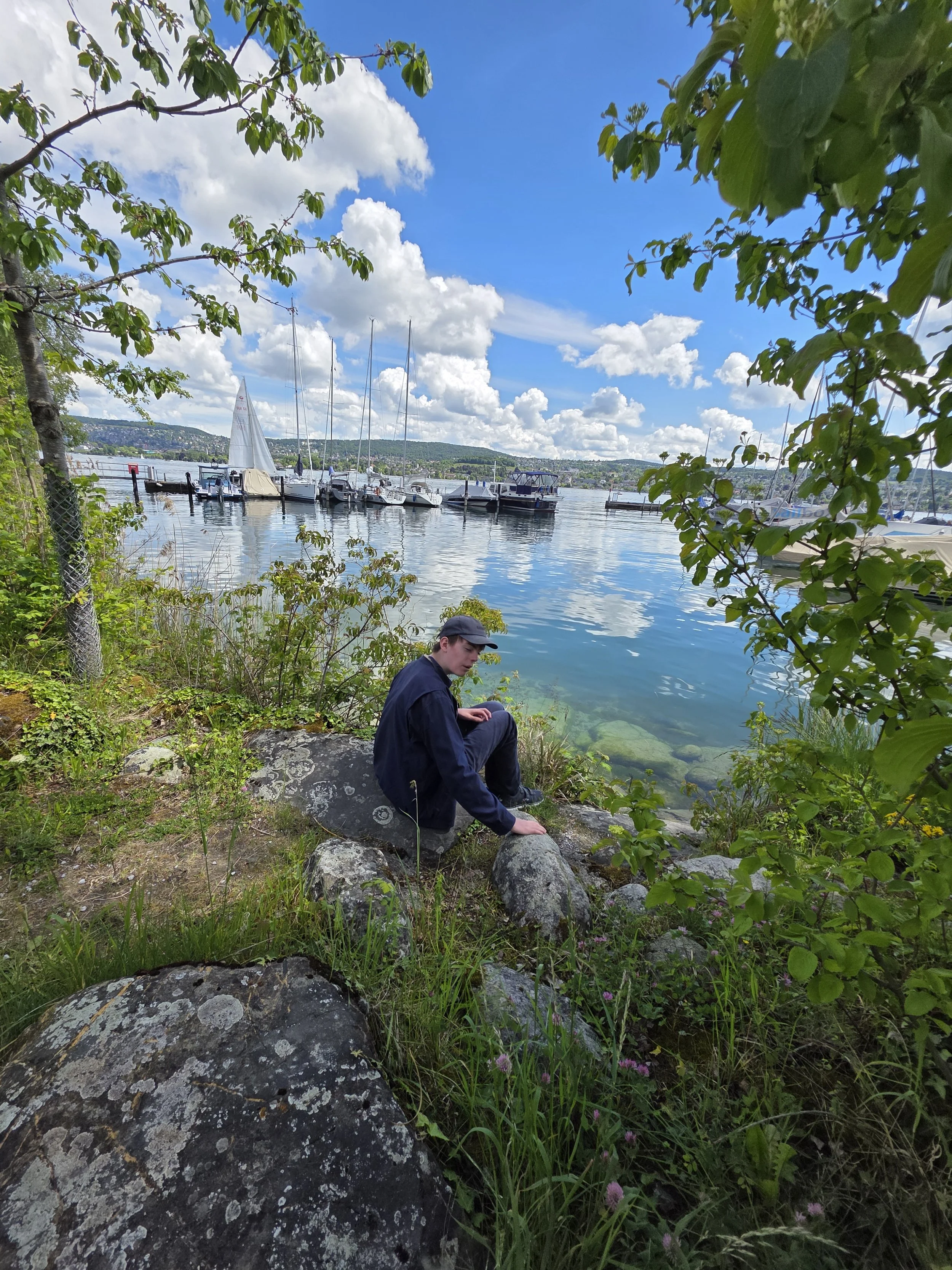 A person sitting on rocks near a body of water, with sailboats docked at a marina in the background, under a partly cloudy sky, with green foliage in the foreground.
