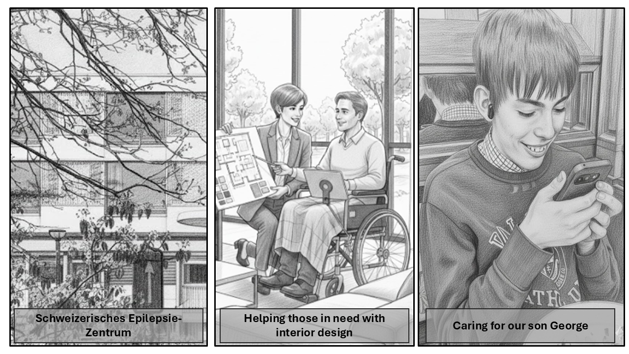 Three comic-style illustrations. The first shows a building behind tree branches with leaves, labeled 'Swiss Epilepsy Center.' The second shows a woman helping a man in a wheelchair with interior design plans, labeled 'Helping those in need with interior design.' The third shows a boy smiling and looking at his phone, labeled 'Caring for our son George.'