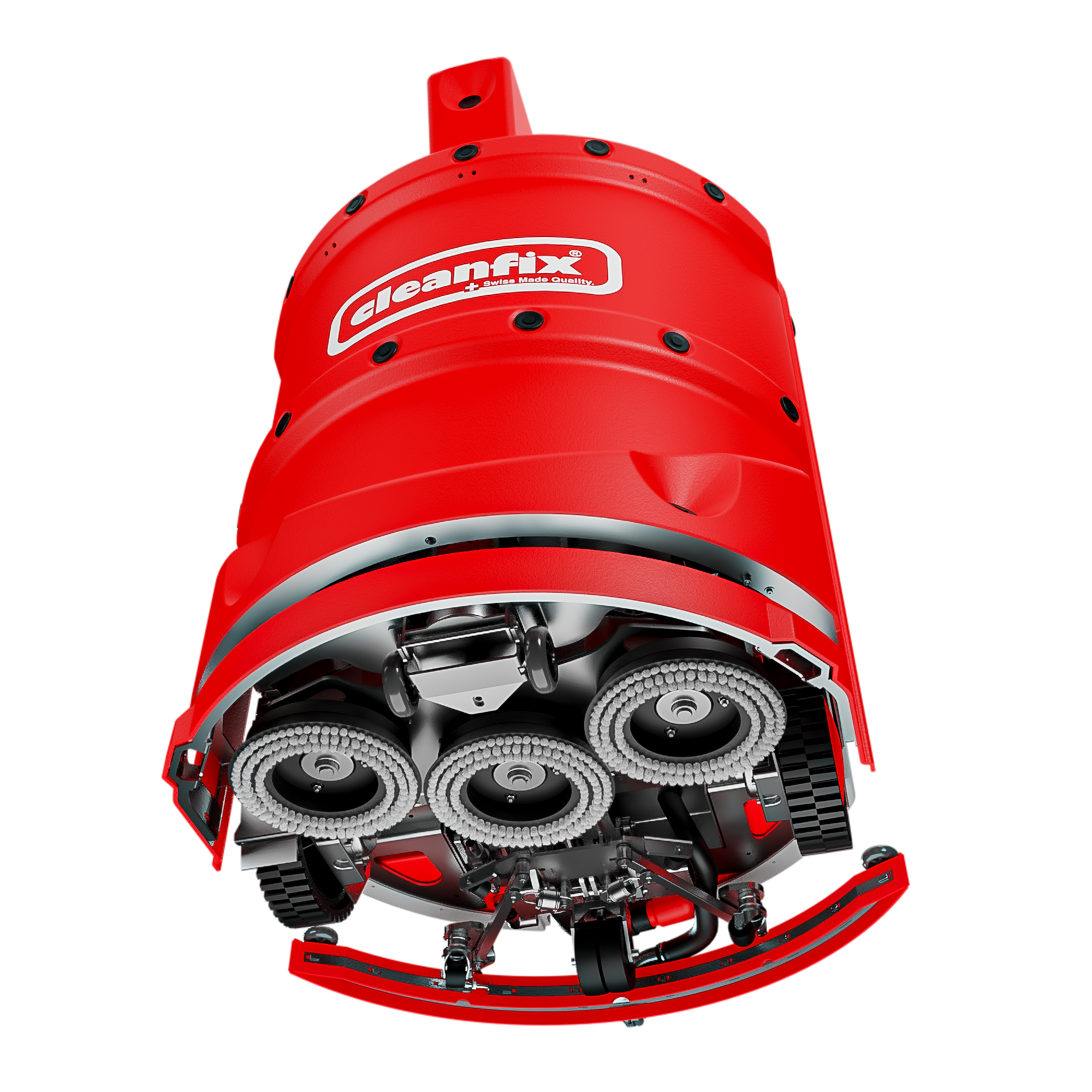 A red Cleanfix RA660 Navi XL Scrubber-dryer robot. Bottom view.