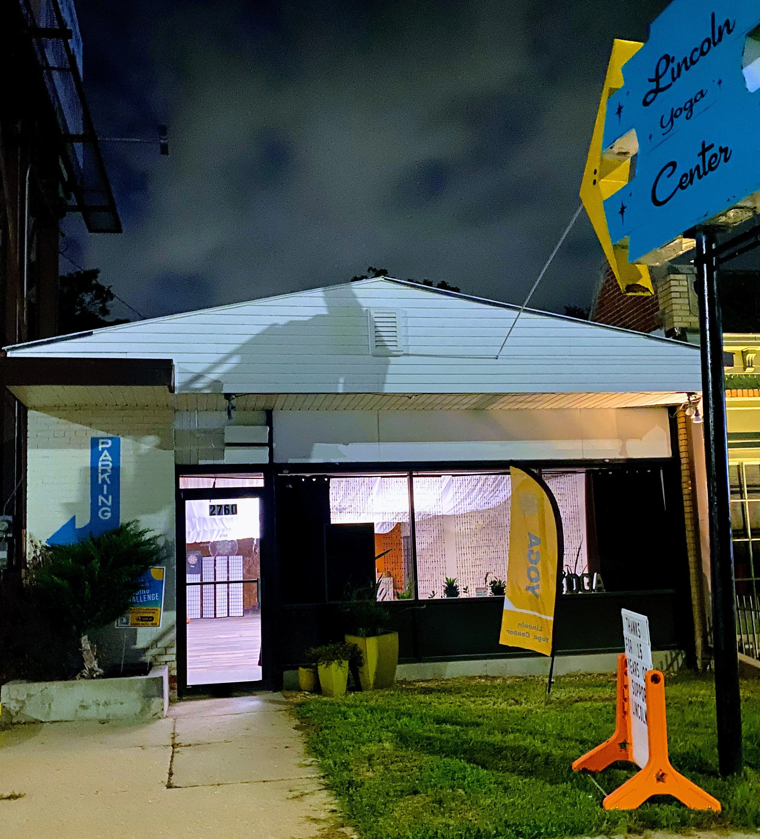 Lincoln Yoga Center at night, 2760 South Street,
