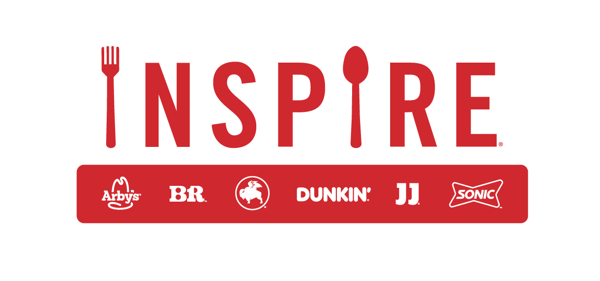 Graphic with text that says 'INSPIRE' with a fork replacing the 'I' and a spoon replacing the 'R'. Below are logos of Arby's, Baskin-Robbins, Little Caesars, Dunkin', J.J. and Sonic.
