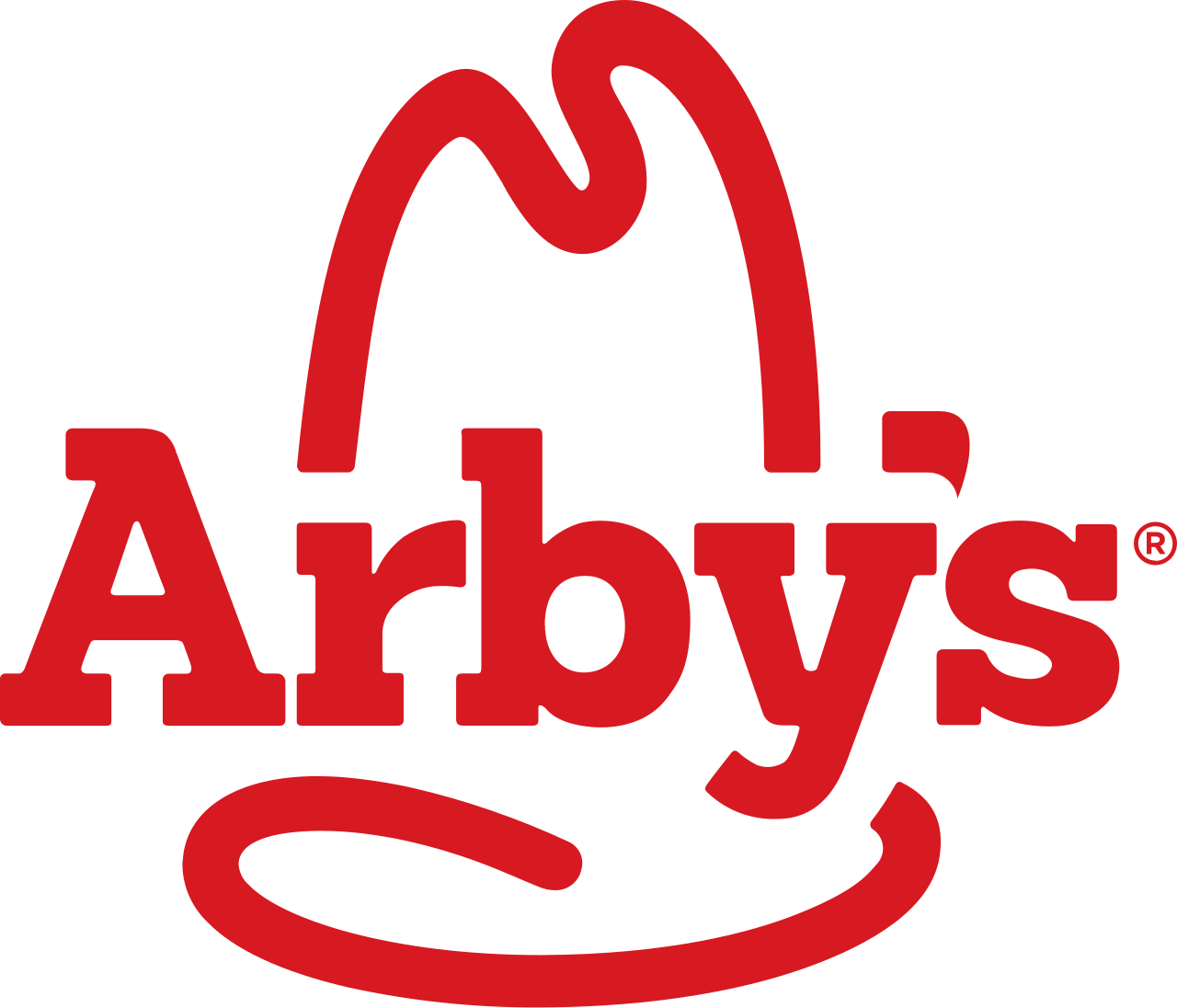 Arbys logo in red with stylized curly fry above the text.