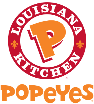 Logo of Louisiana Kitchen featuring a large orange letter P Inside a white circle, with red outer ring and gold fleur-de-lis, and the word "POPEYES" in bold orange letters at the bottom.