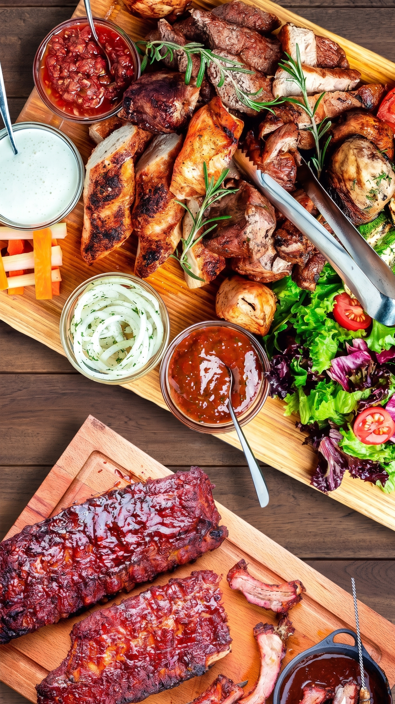 A wooden platter with grilled meats, chicken wings, and vegetables, surrounded by bowls of sauces, salsa, and onion rings, along with fresh salad greens and cherry tomatoes.