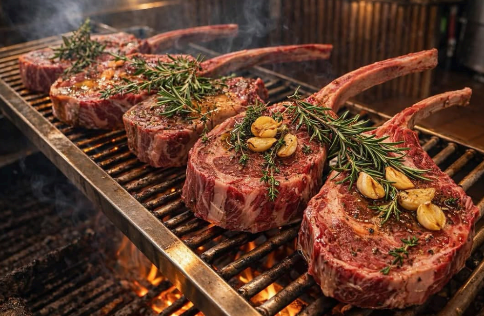 Four raw ribeye steaks on a grill, garnished with rosemary and garlic, cooking over open flame.