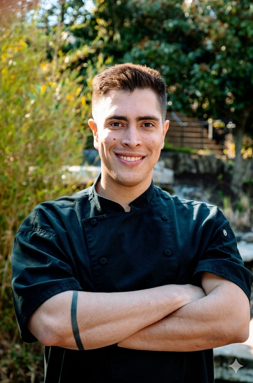 A young male chef wearing a black chef's coat standing outdoors with arms crossed, smiling, with green trees and shrubs in the background.