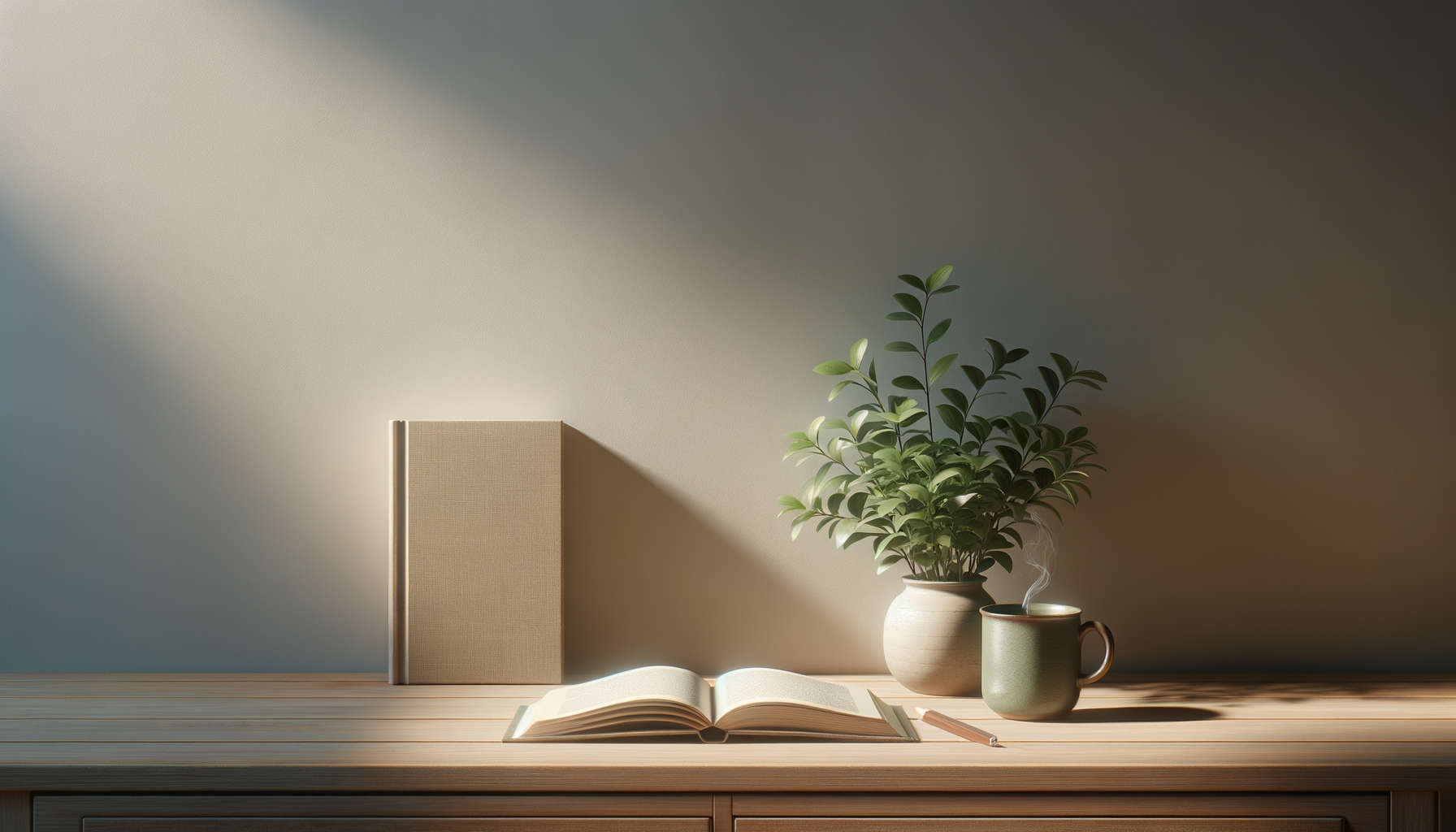 A cozy workspace with a wooden desk, an open book, a closed beige book, a pencil, a steaming cup, a potted plant, all illuminated by soft natural light.