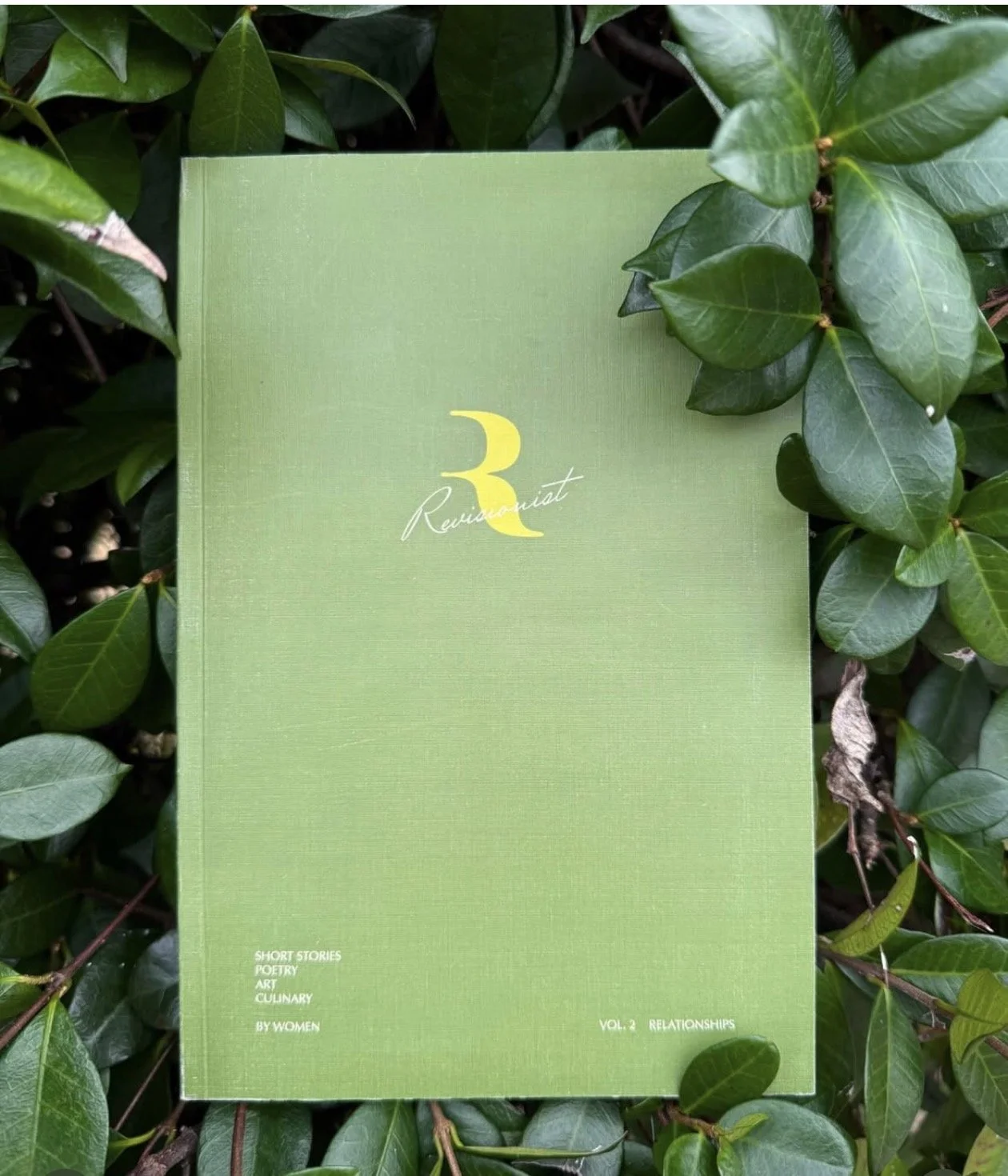 Green book with the title 'Revolution' placed on green plant leaves.