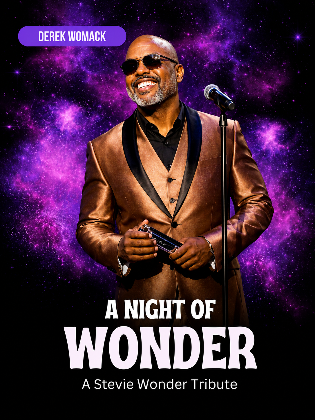 Poster of a tribute show titled "A Night of Wonder: A Stevie Wonder Tribute" with artist Derek Womack wearing sunglasses, a brown suit with black lapels, standing in front of a purple galaxy background.